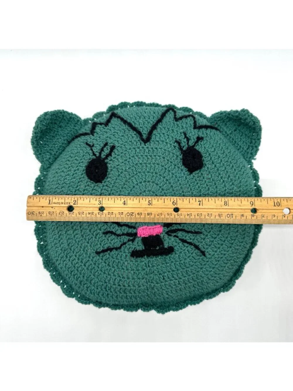 Vintage Cat Throw Pillow Crocheted Kitty Green Round Pink Nose Stuffed Handmade